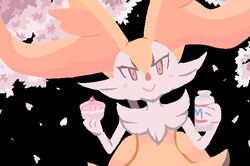  1girl animal_ear_fluff animal_ears black_background blush bottle braixen cherry cherry_blossoms closed_mouth commentary_request drink flat_chest flat_color food fox_ears fox_girl fruit furry furry_female gardear058 happy holding holding_bottle holding_drink holding_food jaggy_lines light_blush looking_at_viewer milk_bottle neck_fur no_lineart petals poke_puff pokemon pokemon_(creature) red_eyes sketch smile solo standing straight-on tree upper_body 