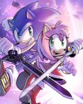  1boy 1girl absurdres aideneye99 amy_rose animal_ears blue_fur boots clouds dress furry furry_female furry_male gloves green_eyes grin hairband highres holding holding_sword holding_weapon open_mouth pink_fur red_dress red_footwear red_hairband shoes sleeveless sleeveless_dress smile sonic_(series) sonic_the_hedgehog sword tail teeth two-tone_footwear upper_teeth_only weapon white_footwear white_gloves 