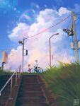  1boy 1girl alina_l bicycle black_pants blue_sky brown_hair brown_skirt child clouds cloudy_sky collared_shirt commentary day doujima_nanako full_body grass grey_hair hand_in_pocket highres lamppost long_hair low_twintails narukami_yuu outdoors pants persona persona_4 profile scenery shirt short_hair short_sleeves signature skirt sky stairs standing twintails twitter_username white_shirt 