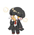  1boy black_coat black_hair black_pants chibi coat collared_shirt cream_puff eating food long_sleeves looking_at_viewer mash_burnedead mashle necktie pants red_necktie shirt simple_background solo uchimura_(rino0525) white_background white_shirt 