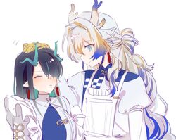  2girls alternate_costume arknights black_hair blue_eyes closed_eyes dragon_girl dragon_horns dusk_(arknights) earrings green_horns headpat highres horns jewelry kemono_(fukanasumi) looking_at_another multicolored_hair multiple_girls pointy_ears red_pupils shu_(arknights) siblings sisters streaked_hair tassel tassel_earrings white_hair yellow_horns 