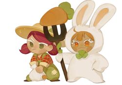  2girls :/ :3 ahoge animal_ear_hood animal_ears bag beet_cookie beet_cookie_(farm_ranger) blunt_bangs bozi_(labochushi) brown_footwear carrot carrot_cookie carrot_cookie_(bouncy_bunny) closed_mouth clover clover_brooch cookie_run dark-skinned_female dark_skin double-parted_bangs fake_animal_ears flats fork full_body gingham_shirt green_eyes green_overalls hand_on_own_hip hat highres holding holding_bag holding_fork hood hood_up humanization legs_apart looking_ahead medium_hair multiple_girls no_eyebrows no_fingers no_nose no_pupils no_sclera official_alternate_costume onesie orange_hair oversized_object rabbit_ears red_shirt redhead shirt short_twintails side-by-side side_part single_eyebrow sketch straw_hat three_quarter_view twintails two-handed v-shaped_eyebrows white_bag 