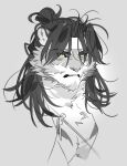  1boy animal_ears arknights body_fur commentary_request furry furry_male grey_background hair_bun headband highres huai_tianpei_(arknights) jjeobjjeobdogta_(wjqwjqehrxk) korean_commentary long_hair looking_at_viewer male_focus parted_lips portrait simple_background slit_pupils spot_color tiger_boy tiger_ears yellow_eyes 
