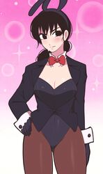  1girl absurdres animal_ears black_leotard bow bowtie chainsaw_man covered_navel detached_collar fake_animal_ears highres jeff_miga leotard mitaka_asa pantyhose playboy_bunny rabbit_ears rabbit_tail strapless strapless_leotard tail traditional_bowtie wrist_cuffs 