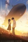  1boy 1girl aircraft blue_sky clouds couple cover cover_page day dirigible graf_zeppelin_ano_natsu_no_hikousen grass hetero highres nakamura_yukihiro novel_cover novel_illustration official_art original outdoors own_hands_clasped own_hands_together sky standing sunrise twilight yellow_sky 