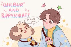  2boys adapted_costume animal_ears bee_and_puppycat bell blush borrowed_design brown_eyes brown_hair closed_eyes coin furry furry_male gomi_(gomiidd) highres holding holding_coin hood hood_down hoodie horns jingle_bell jschlatt male_focus minecraft_youtube multiple_boys open_clothes open_hoodie parody rammie schlattcoin sheep_boy sheep_ears sheep_horns smplive star_(symbol) sweatdrop sweater wilbur_soot yellow_sweater 