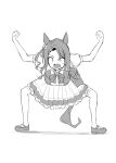  1girl animal_ears arms_up bow bowtie chipushishi clenched_hands ear_covers full_body greyscale highres horse_ears horse_girl horse_tail king_halo_(umamusume) loafers long_hair looking_at_viewer monochrome open_mouth pleated_skirt puffy_short_sleeves puffy_sleeves sailor_collar sailor_shirt school_uniform serafuku shirt shoes short_sleeves simple_background skirt solo tail thigh-highs tracen_school_uniform umamusume white_background 