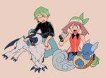  1boy 1girl :d absol bandana bare_shoulders black_shirt black_shorts blue_eyes blue_pants brown_hair brushing dress drew_(pokemon) full_body green_bandana green_hair hair_brush highres holding holding_brush kk_buc may_(pokemon) open_mouth orange_dress pants pokemon pokemon_(anime) pokemon_(creature) pokemon_dppt_(anime) pokemon_rse_(anime) shirt shorts sleeveless sleeveless_dress smile wartortle 