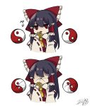  1girl ascot black_hair bow collared_shirt commentary_request detached_sleeves food frilled_bow frilled_hair_tubes frills fruit hair_bow hair_tubes hakurei_reimu highres jitome lemon licking licking_lemon long_hair long_sleeves meme mikan_763 orb red_bow red_eyes red_skirt red_vest ribbon-trimmed_sleeves ribbon_trim shirt sidelocks skirt solo sour_(taste) thour_(meme) tongue tongue_out touhou translation_request undershirt very_long_hair vest white_shirt white_sleeves wide_sleeves yellow_ascot yin_yang yin_yang_orb 