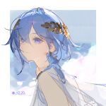  1girl blue_background blue_eyes blue_hair border closed_mouth dated dlgeria earrings from_side hair_between_eyes headpiece highres jewelry long_hair looking_at_viewer original outside_border sketch solo upper_body violet_eyes white_border 