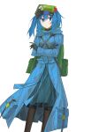  1girl absurdres adapted_costume aesur_a backpack bag black_gloves blue_coat closed_mouth coat commentary crossed_arms flat_cap frown gloves green_hat hair_bobbles hair_ornament hat highres kawashiro_nitori long_sleeves looking_to_the_side pocket skirt solo touhou two_side_up 