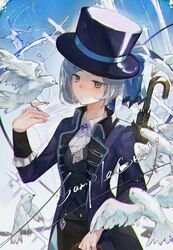  1girl :/ ascot bird bird_on_hand black_coat black_hat black_umbrella black_vest blue_background chromatic_aberration closed_umbrella coat collared_shirt commission cowboy_shot green_eyes grey_hair hand_up hat highres igarashi_ga long_sleeves looking_at_animal purple_brooch reverse:1999 sample_watermark shirt short_hair solo too_many too_many_birds top_hat umbrella vertin_(reverse:1999) vest waistcoat watermark white_ascot white_bird white_shirt 