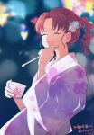  1girl blurry blurry_background closed_eyes cup earrings egashira_mika facing_ahead floral_print flower hair_flower hair_ornament hands_up happy holding holding_cup holding_spoon ice_cream_cup japanese_clothes jewelry kimono laughing long_sleeves multi-tied_hair open_mouth parted_bangs pechevail print_kimono purple_kimono redhead side_ponytail skip_to_loafer solo spoon spoon_straw upper_body yukata 