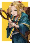  1girl backpack bag blonde_hair blue_capelet blue_robe braid capelet choker dungeon_meshi elf green_eyes halfling holding holding_staff hood hooded_capelet looking_at_viewer marcille_donato melundago pointy_ears robe simple_background solo sprout staff twin_braids 