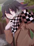  1boy 345_myk absurdres alternate_costume black_hair blush brown_jacket checkered_clothes checkered_scarf d: danganronpa_(series) danganronpa_v3:_killing_harmony day flipped_hair from_side hair_between_eyes hand_up highres hope&#039;s_peak_academy_school_uniform jacket long_sleeves looking_at_viewer looking_to_the_side oma_kokichi outdoors scarf school_uniform solo stone_floor tree violet_eyes 