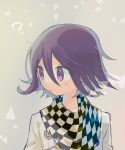  1boy ? black_scarf blush_stickers brown_background buttons chain checkered_clothes checkered_scarf danganronpa_(series) danganronpa_v3:_killing_harmony double-breasted hair_between_eyes highres jacket long_sleeves looking_to_the_side male_focus multicolored_buttons oma_kokichi parted_lips purple_hair scarf short_hair simple_background solo triangle two-tone_scarf upper_body violet_eyes white_jacket white_scarf white_sleeves yomoda_(7taizai7bitoku) 