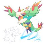  beak bird closed_eyes digimon digimon_(creature) dragon eye_mask feathers green_feathers green_wings horns monodramon pg_enaena pteromon sharp_teeth simple_background single_horn talons teeth violet_eyes white_background wind wings 