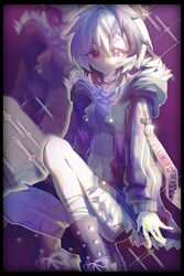  1girl bandaged_leg bandages black_footwear black_hair choker crop_top flower_(gynoid_talk) flower_(vocaloid) fur_trim gynoid_talk highres jacket midriff multicolored_hair open_clothes open_jacket purple_jacket shirt short_hair_with_long_locks short_shorts shorts sitting tomboy torn_clothes torn_shirt two-tone_hair user_hsta8534 violet_eyes vocaloid white_hair 