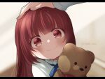  1girl aged_down blurry blurry_background blush chastille_lilqvist child closed_mouth commentary_request eyebrows_hidden_by_hair hair_between_eyes headpat holding holding_stuffed_toy itagaki_hako long_hair maou_no_ore_ga_dorei_elf_wo_yome_ni_shitanda_ga_dou_medereba_ii? out_of_frame red_eyes redhead shirt signature smile solo stuffed_animal stuffed_toy teddy_bear upper_body very_long_hair white_shirt 