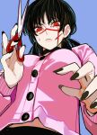  1girl black_choker black_hair black_nails blue_background chainsaw_man choker from_above highres holding holding_scissors looking_at_viewer looking_down pink_sweater red_eyes ringed_eyes sailen0 scar scar_on_face scissors sweatdrop sweater twintails yoru_(chainsaw_man) 
