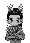  1boy animal_ear_fluff animal_ears antlers blush bouquet closed_mouth deer_antlers deer_boy deer_ears deformed dungeon_meshi flower greyscale hands_up holding holding_bouquet horns japanese_clothes kemonomimi_mode kimono long_sleeves looking_at_viewer male_focus monochrome raichu_(shenzed4092) shurou simple_background solo upper_body vambraces white_background 