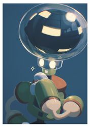  1boy armor blue_background border glowing glowing_eyes green_armor highres klenschheim looking_at_viewer mega_man_(series) mega_man_battle_network_(series) numberman.exe simple_background solo upper_body white_border 