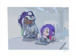  2girls border cafeteria cephalopod_eyes colored_tips commentary_request dark-skinned_female dark_skin eating furrowed_brow green_eyes green_hair grey_sweater highres holding holding_spoon hrrrrsn indoors long_hair marina_(splatoon) medium_hair multicolored_hair multiple_girls octoling pink_hair purple_hair red_pupils smile splatoon_(series) splatoon_3 splatoon_3:_side_order spoon sweater teeth tentacle_hair two-tone_hair white_border yellow_eyes 