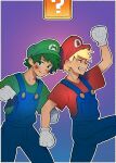  2boys ?_block arm_up bakugou_katsuki blonde_hair blue_overalls blush boku_no_hero_academia border brown_eyes clenched_hand commentary cosplay freckles freesilverwind gloves gradient_background green_eyes green_hair green_hat green_shirt grin highres luigi luigi_(cosplay) male_focus mario mario_(cosplay) midoriya_izuku multiple_boys outdoors overalls purple_background red_hat red_shirt shirt short_hair smile super_mario_bros. white_border white_gloves 