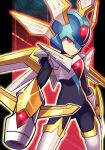  1boy absurdres arm_cannon armor blue_helmet chest_jewel copy_x_(mega_man) cowboy_shot energy_cannon forehead_jewel glint helmet highres looking_at_viewer mechanical_wings mega_man_(series) mega_man_zero_(series) red_eyes silverchariotx solo weapon white_armor winged_helmet wings x_buster 