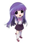  1girl :d arms_behind_back black_skirt blunt_bangs blunt_ends bow bowtie collared_shirt frilled_socks frills from_above full_body furude_rika highres higurashi_no_naku_koro_ni ikuchi_osutega kneehighs long_hair looking_at_viewer mary_janes open_mouth pink_bow pink_bowtie purple_hair red_footwear school_uniform shirt shoes short_sleeves sidelocks simple_background skirt smile socks solo standing suspender_skirt suspenders tachi-e transparent_background white_shirt white_socks 