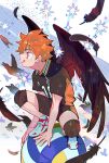  1boy ball bird black_feathers black_wings blue_background collared_shirt crow feathered_wings feathers full_body haikyuu!! highres hinata_shouyou knee_pads male_focus orange_eyes orange_hair red_footwear shirt short_hair short_sleeves solo sparkle tongue tongue_out two-tone_background two-tone_footwear volleyball_(object) white_background white_footwear wings yooki_(winter_cakes) 