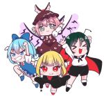  &gt;:) &gt;_&lt; 4girls :3 antennae arms_behind_back arms_up black_cape black_dress black_footwear black_shorts blonde_hair blue_bow blue_dress blue_eyes blue_footwear blue_hair blunt_ends bow bowtie brown_dress cape character_request chibi chibi_only choppy_bangs cirno closed_eyes closed_mouth collared_shirt commentary_request dress fang green_hair grey_eyes hair_between_eyes hair_bow highres knee_up light_blue_hair light_blush long_sleeves looking_at_viewer looking_to_the_side loose_socks multiple_girls open_mouth pinafore_dress pink_bow pink_bowtie pink_hair pppppks puffy_sleeves red_bow red_bowtie red_cape red_eyes red_footwear red_ribbon ribbon shirt shirt_tucked_in short_eyebrows short_hair short_sleeves shorts sleeveless sleeveless_dress socks teeth touhou two-sided_cape two-sided_fabric v-shaped_eyebrows white_background white_sleeves white_socks white_undershirt wings 