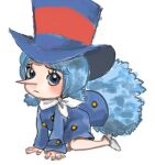  1girl blue_coat blue_eyes blue_hair coat commentary_request eyelashes hat jas_(jasjasjasart) long_nose long_sleeves looking_at_viewer lowres mini_person minigirl neckerchief one_piece simple_background sitting solo tail top_hat twintails white_neckerchief wicca 