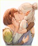 2girls absurdres blue_shirt blush border brown_hair closed_eyes commentary earrings elf english_commentary green_eyes hair_bun highres hug jewelry kiss multiple_girls multiple_rings original pointy_ears profile ring shirt short_hair simple_background spindle_(aidenr0) thumb_ring upper_body white_background white_hair yellow_border yuri 