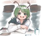  1girl antennae artist_name black_cape blush cape collared_shirt commentary_request crossed_arms cup ginnkei green_eyes green_hair long_sleeves looking_at_viewer medium_bangs mug open_mouth shirt short_hair signature smile solo touhou twitter_username upper_body white_shirt wriggle_day wriggle_nightbug 