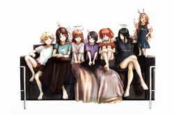  6+girls absurdres angel angel_wings bunny_ears_prank character_request chigasaki_mayuko creator_connection crossover gorilla(1844~) haibane_renmei halo highres messy_hair multiple_girls niea_(niea_7) niea_7 plate pointy_ears rakka_(haibane) reki_(haibane) ryushika ryushika_ryushika serial_experiments_lain wings 