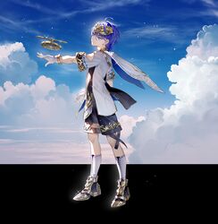  1boy ahoge black_footwear black_shorts blue_eyes blue_hair blue_sky closed_mouth clouds commentary diadem fantasy from_side full_body gloves highres kneehighs legs_apart light_particles male_focus official_art outstretched_arm shirt short_hair short_sleeves shorts sky smile socks solo standing tidsean vocaloid vsinger_(vocaloid) white_gloves white_shirt white_socks zhiyu_moke 