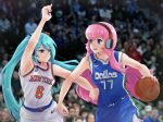  2girls absurdres aqua_eyes aqua_hair arm_up armpits ball basketball basketball_(object) basketball_jersey basketball_uniform blue_eyes closed_mouth clothes_writing cosplay crowd dallas_mavericks dribbling_(basketball) hatsune_miku headphones highres jersey kanpaithighs long_hair looking_at_another luka_doncic luka_doncic_(cosplay) megurine_luka multiple_girls name_connection national_basketball_association nike_(company) open_mouth photo_background pink_hair playing_sports shirt sleeveless sleeveless_shirt sportswear twintails very_long_hair vocaloid 