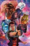  3boys 3girls aeyrin_sun aiming artist_name brown_hair character_request colored_skin comic_cover cover facing_viewer farscape green_skin gun highres holding holding_gun holding_weapon looking_at_viewer male_focus multiple_boys multiple_girls planet vinartwork weapon western_comics_(style) white_hair 