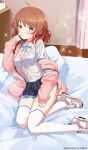  1girl absurdres ahoge bra brown_hair commentary_request curtains finger_to_mouth gakuen_idolmaster hanami_ume highres hmax idolmaster jacket looking_at_viewer open_mouth pillow school_uniform shoes solo sparkle thigh-highs underwear wet 