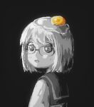  1girl :d black_background commentary egg english_commentary fine_art_parody from_side girl_with_a_pearl_earring glasses greyscale highres looking_at_viewer monochrome nonounno parody pixel_art sailor_collar shimeji_simulation short_hair simple_background smile spot_color upper_body yamashita_majime 