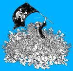  1boy blue_background blue_theme closed_eyes dated field flag flower flower_field grin hat holding holding_flag itowo_(itowc) male_focus monkey_d._luffy monochrome one_piece open_clothes open_shirt scar scar_on_chest simple_background smile solo straw_hat 