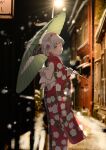  1girl :d absurdres backlighting blurry blurry_background braid colored_inner_hair commentary crown_braid floral_print_kimono flower furisode green_umbrella grey_hair hair_flower hair_ornament highres holding holding_umbrella japanese_clothes kimono link!_like!_love_live! long_sleeves looking_at_viewer love_live! multicolored_hair obi oil-paper_umbrella open_mouth photo_background purple_flower purple_kimono red_eyes red_kimono redhead sash short_hair smile snow solo spider_web_print split-color_clothes streaked_hair symbol-only_commentary umbrella virtual_youtuber white_flower white_sash yugiri_tsuzuri yutuki_ame 
