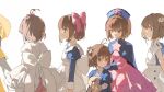  6+girls antenna_hair apron back_bow blue_capelet blue_dress bow brown_hair capelet cardcaptor_sakura chaaarity dress flower from_side green_eyes hair_bow hair_flower hair_ornament holding holding_stuffed_toy kinomoto_sakura looking_at_viewer looking_to_the_side multiple_girls pink_bow pink_dress puffy_sleeves short_hair standing stuffed_animal stuffed_toy teddy_bear three_quarter_view white_apron white_bow white_dress 