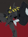  black_background black_skin blue_eyes cape colored_skin digimon digimon_(creature) extra_arms faux_traditional_media from_below highres horns humanoid_robot manchi_kansuke omegamon_zwart red_cape robot simple_background spikes 