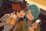  2boys alcohol alternate_hairstyle androgynous aqua_hair arm_over_head beer_mug booth_seating brown_eyes brown_hair closed_eyes cup dot_nose dutch_angle ebi_(shrimp_eleven) endou_mamoru foam hair_down hair_over_one_eye hair_over_shoulder hairband hand_on_another&#039;s_shoulder happy holding holding_cup hood hood_down hoodie inazuma_eleven_(series) indoors kazemaru_ichirouta laughing layered_clothes long_hair male_focus mug multiple_boys on_chair open_mouth portrait red_hairband red_shirt shirt short_hair short_sleeves side-by-side sitting spiky_hair two-tone_shirt v-shaped_eyebrows white_shirt yellow_hoodie 