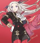  1girl absurdres ascot buttons cape commentary_request edelgard_von_hresvelg fire_emblem fire_emblem:_three_houses floating_hair forehead garreg_mach_monastery_uniform gloves hair_ribbon hand_on_own_hip highres juria0801 long_hair looking_at_viewer pantyhose purple_ribbon red_cape red_pantyhose ribbon solo twitter_username very_long_hair violet_eyes white_ascot white_gloves white_hair 