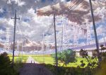  4others blue_sky bush clouds cloudy_sky day highres keishi109 mountain multiple_others original outdoors people power_lines scenery science_fiction sky spacecraft transmission_tower utility_pole 