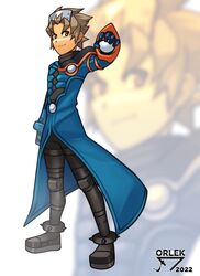  1boy absurdres anklet arm_at_side artist_name black_footwear black_pants blue_coat blue_gloves brown_eyes brown_hair closed_mouth coat full_body gloves highres holding holding_poke_ball jewelry male_focus orlek outstretched_arm pants poke_ball poke_ball_(basic) pokemon pokemon_colosseum shoes short_hair smile solo standing wes_(pokemon) white_background zoom_layer 