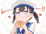  +_+ 1girl :i black_hair blue_sailor_collar blush cream_puff dated dress eating food food_on_face hair_between_eyes hat heart holding holding_food kantai_collection kirigaya_yuuji one-hour_drawing_challenge sailor_collar sailor_dress short_sleeves shounan_(kancolle) solo twintails twitter_username upper_body violet_eyes white_dress white_hat 